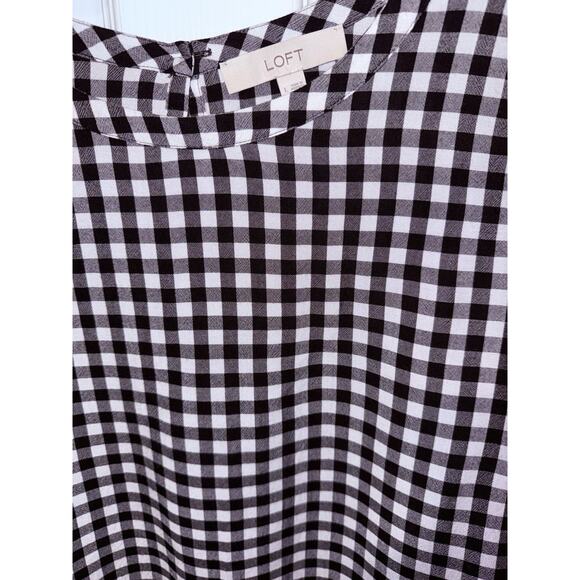 LOFT Women’s Sz L Black/White Check 100% Rayon Long Sleeve Keyhole Blouse - Picture 2 of 11